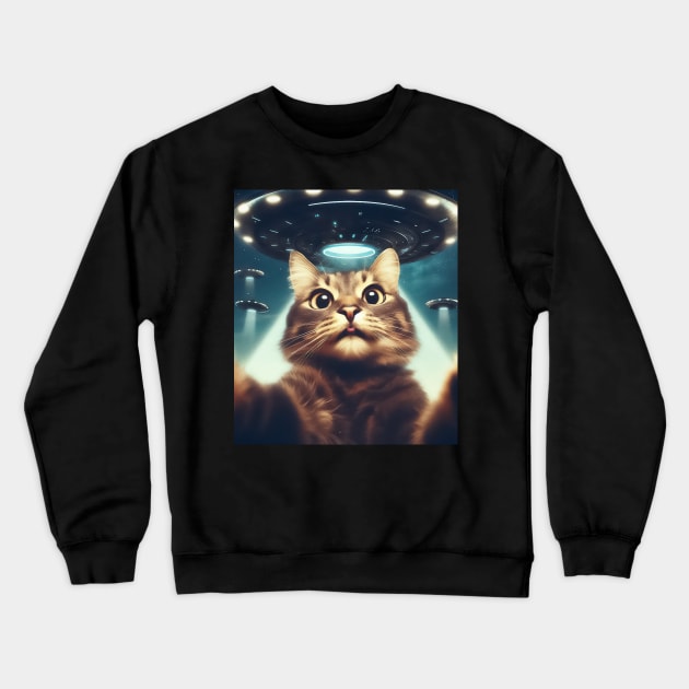 Funny Cat selfie with UFO Crewneck Sweatshirt by TomFrontierArt